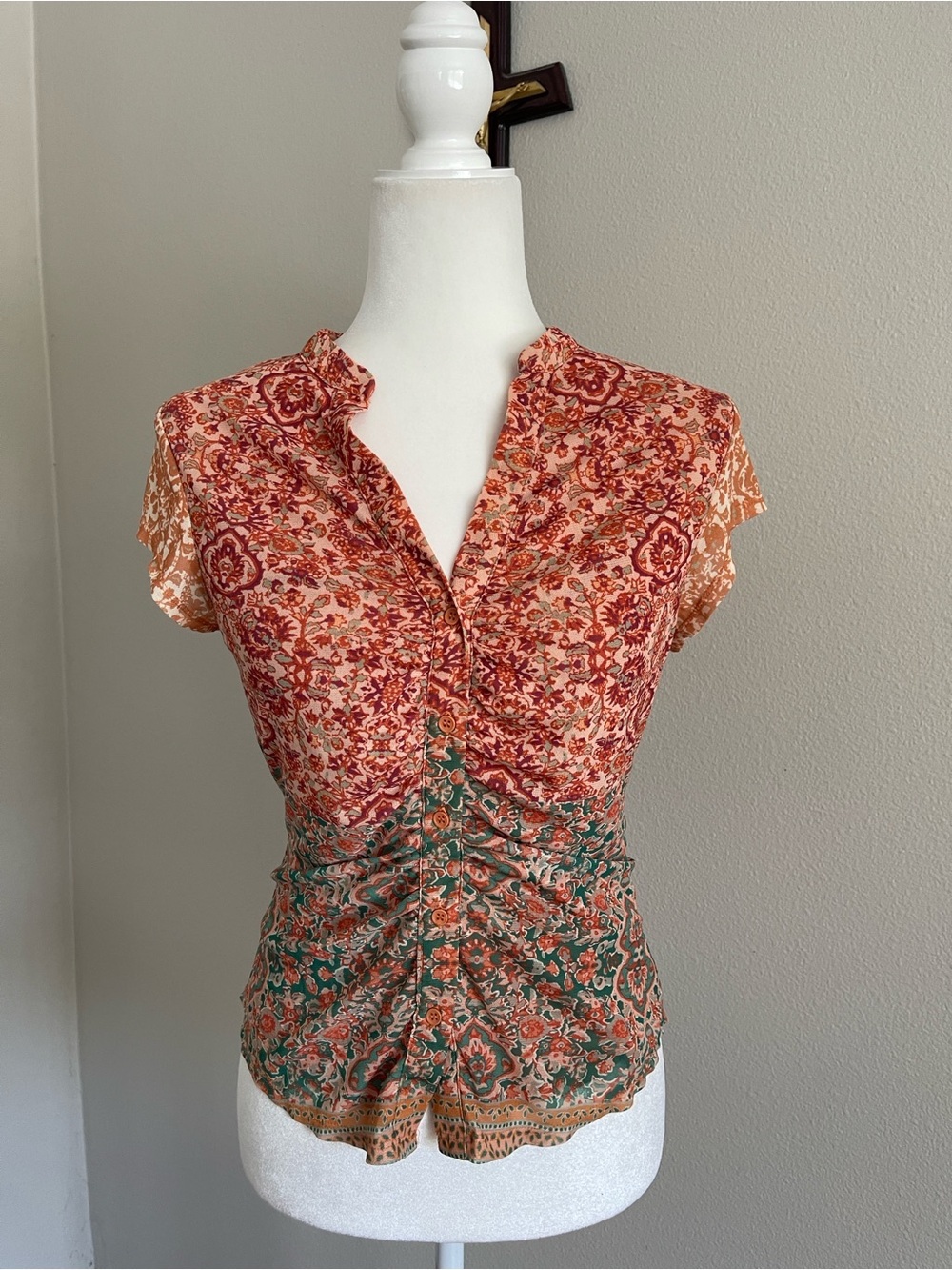 DR2 Rust & Green Floral Ruched Short-Sleeve Blouse